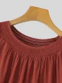 Solid Shirred Half Sleeve Crew Neck Loose Blouse