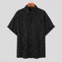 INCERUN Mens Shirt Fashion Embossed Floral Print Tops Black Short Sleeve Shirt