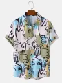 Mens Allover Graffiti Color Block Print Pocket Short Sleeve Shirts