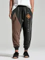 Menst Geometric Japanese Print Patchwork Drawstring Waist Pants