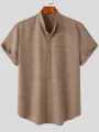 Mens Solid Stand Collar Chest Pocket Short Sleeve Shirt
