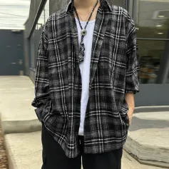 INCERUN Classic Black White Plaid Design Men's Casual Long Sleeve Shirt, Men's Button Up Shirt for Daily Occasions