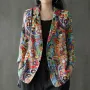 ZANZEA Womens Ethnic Prints Blazer Vacation Thin Suit Coat Retro Lapel Cotton Linen Printing Long Sleeve Blazer