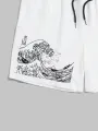 ChArmkpR Mens Japanese Wave Ukiyoe Print Drawstring Waist Shorts