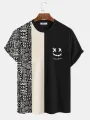Mens Geometric Funny Face Print Patchwork Knit Short Sleeve T-Shirts