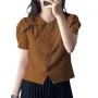 VONDA Womens Elegant Bowknot Decorate Puff Sleeve Blouses Temperament Button Shirts
