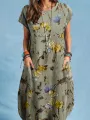 Plant Print Pocket Short Sleeve Casual Midi Dress