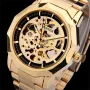 Fashion Fully Auto Mechanical Skeleton Men Watch Retro Exquisite Dial Gold Steel Band Wristwatch