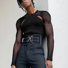 INCERUN Mens Two-piece Suit Black Tops Fashion Hollow Out Cutoff Long Sleeve Top & Sleeveless Tank Top Streetwear Summer Party Male Clothing Tops