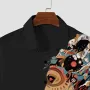 ChArmkpR Mens Shirts Ethnic Figure Side Print Lapel Short Sleeve Black Shirts