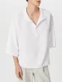 INCERUN Mens Shirt Solid Color Stand Collar Shirt Summer Casual Loose Fit Half Long Sleeve Top Men Clothing Shirts