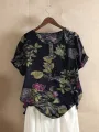 ZANZEA Plus Size Women's Shirt Cotton Linen Printed Casual Short Sleeve O Neck Loose Blouse Summer Daily Top for Women