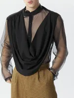 INCERUN Mens Shirt Fashion Swing Neck Patchwork Mesh Fabric Long Sleeve Shirts See Through Nightcklub Mens Clothing