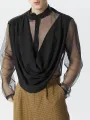 INCERUN Mens Shirt Fashion Swing Neck Patchwork Mesh Fabric Long Sleeve Shirts See Through Nightcklub Mens Clothing
