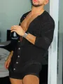 Men Thin Button Up Solid Color Long Sleeve Button Up Jumpsuit