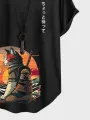 ChArmkpR Mens Japanese Cat Print Curved Hem Short Sleeve T-Shirts