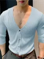 INCERUN Mens Shirt Solid Color Knitted V-neck Long Sleeve Top Shirts Casual Daily Men Streetwear Clothing