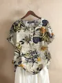 ZANZEA Plus Size Women's Shirt Cotton Linen Printed Casual Short Sleeve O Neck Loose Blouse Summer Daily Top for Women
