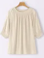 Solid Shirred Half Sleeve Crew Neck Loose Blouse