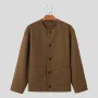 INCERUN Mens Solid Button Front Casual Tweed Jacket Comfortable Crew Neck Outerwear with Side Pockets Large Size S-5XL for Fall