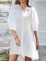 ZANZEA Women Daily Casual 3/4 Length Sleeve Solid Color Shirt Dresses
