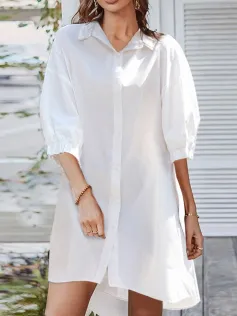 ZANZEA Women Daily Casual 3/4 Length Sleeve Solid Color Shirt Dresses