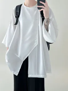 INCERUN Men Shirts Irregular Slant Buttoned Round Neck Top Shirt Long Sleeve Daily Shirts Casual Loose Men Clothing