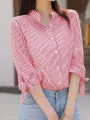 Stripe Print Tie-up At Cuffs Button Stand Collar Blouse