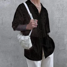 INCERUN Erkek Hollow Lace Bol Kısa Kollu Gömlekler