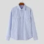 INCERUN - Camisa de manga larga a rayas con doble bolsillo para hombre, informal, holgada, con solapa, tallas S-5XL