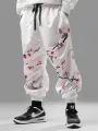ChArmkpR Mens Pant Japanese Floral Print Drawstring Waist Loose Elastic Cuff Trousers