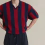 INCERUN Mens Striped Patchwork Baju Lengan Pendek Kasual Lapel Top untuk Lelaki