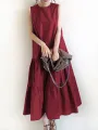Women Sleeveless Solid Color O-neck Casual Layered Maxi Dress