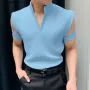 INCERUN Mens Solid Knit Textured Notched Neck T-Shirt Comfortable Stand Collar Short Sleeve Top for Male
