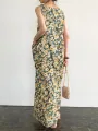 Pocket Floral Print Round Neck Sleeveless Maxi Dress