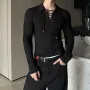 INCERUN Mens Lace-Up Cross V-Neck Long-Sleeve T-Shirt Comfortable Soft Fabric Solid Color Tshirt Top for Male