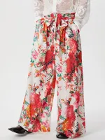 INCERUN Mens Pant High Rise Lace Up Long Trousers Fashion Flowers Print Wide Leg Pants Leisure Men Bottoms