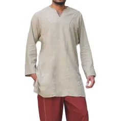 INCERUN Men Shirt Solid Color Long Sleeve Linen Shirts Mens Top V-neck Ethnic Casual Male Clothing