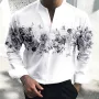 INCERUN Men Floral Print V-Neck Long Sleeve Shirt Comfy Loose Fit Casual White Shirt Beach Mens Top Plus Size, Spring Fall