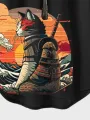ChArmkpR Mens Japanese Cat Print Curved Hem Short Sleeve T-Shirts