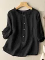ZANZEA Lettuce Edge Crew Neck Solid Button 3/4 Sleeve Blouse