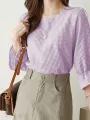 Plaid Ruffle Sleeve Round Neck Casual Blouse
