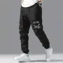 ChArmkpR Mens Black Pant Smile Face Print Multi Pocket Drawstring Waist Cargo Pants