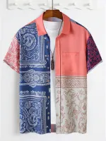 Mens Ethnic Vintage Floral Print Color Block Short Sleeve Shirts