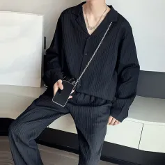 INCERUN Men Sets Solid Color Fashion Lapel Long Sleeve Shirt & Pants 2PCS Pleated Loose Streetwear Men Casual Suits S-5XL