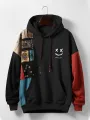 ChArmkpR Mens Ethnic Smile Print Color Block Patchwork Kangaroo Pocket Hoodies