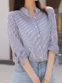 Stripe Print Tie-up At Cuffs Button Stand Collar Blouse