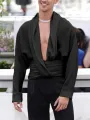 INCERUN Mens Shirt V-neck Waist Long Sleeve Shirt Summer Fashion Solid Color Comfortable Breathable Men Top