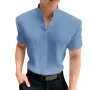 INCERUN Mens T Shirt Solid Color Stand Collar T-shirt Summer Comfy Cool V Neck Short Sleeve Tshirts Top Male Clothing