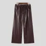INCERUN Mens Solid Color Leather Wide-Leg Pant Casual Elastic Waist Straight Legged Pants